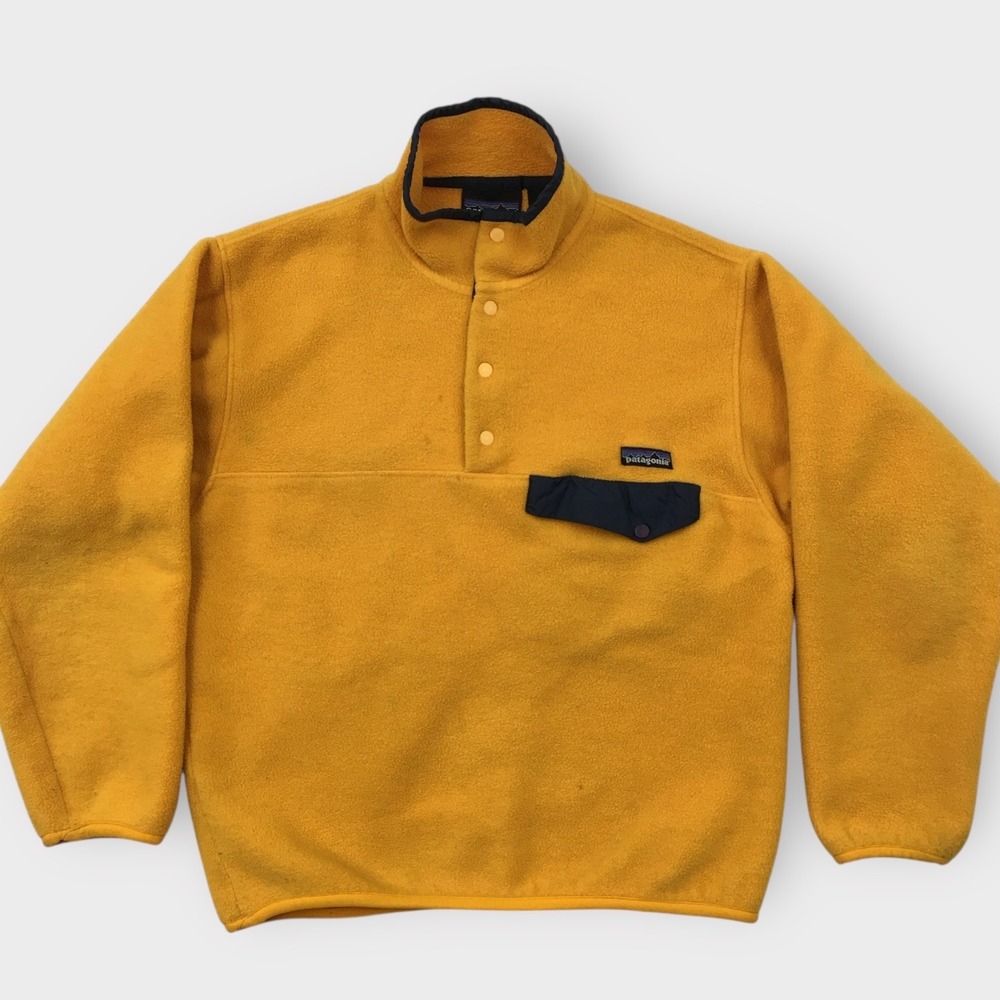 VINTAGE Patagonia Fleece Snap T Neck Pullover Jacket Yellow Men's Size S (SPOTS)